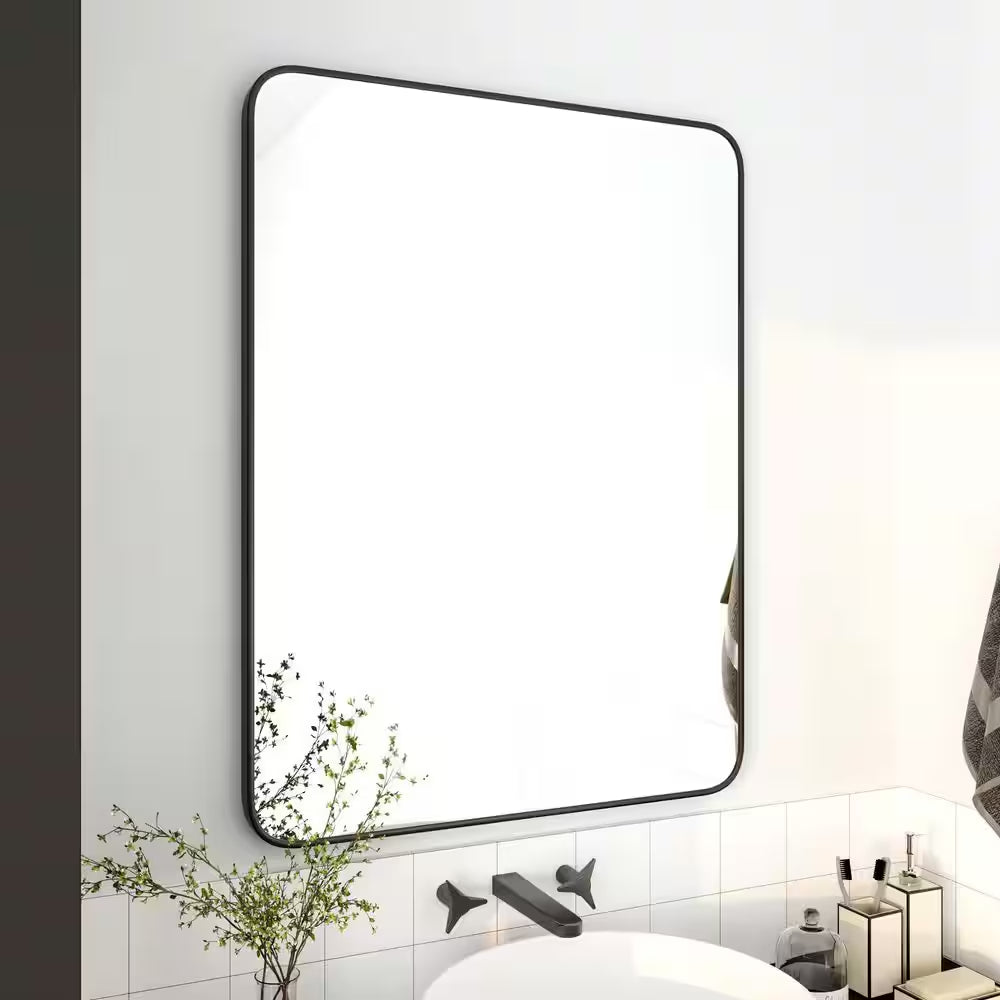 24 In. W X 32 In. H Rectangular Metal Framed Wall Bathroom Vanity Mirror in Matte Black