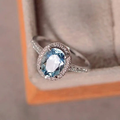 Brilliant Oval Aquamarine White Diamond Halo Ring 18K White Gold Bride Promise Wedding Engagement Jewelry Gifts