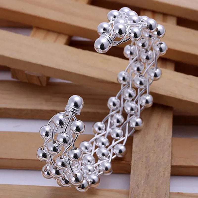 925 Sterling Silver Smooth Round Beads Hand-woven Four-row Wide Face Bangle Bracelet Fashion Charm Party Jewelry