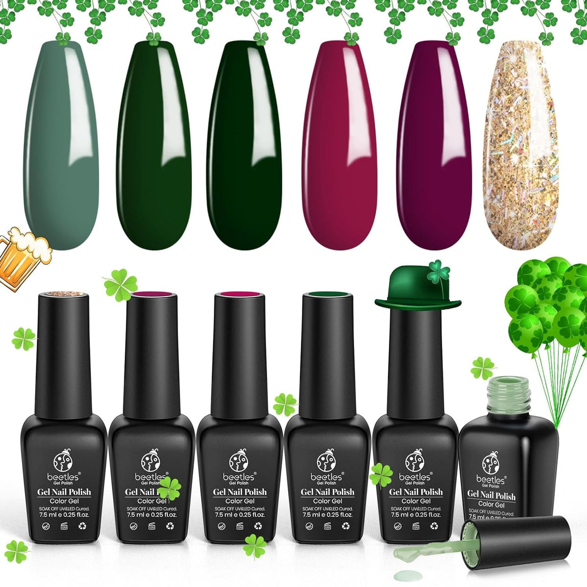 Beetles Gel Nail Polish Set, 6 Retro Colors Old School Collection Soak Off UV Gel Polish Red Yellow Blue Orange Green Gel Polish Nail Art Design Spring Manicure Kit Salon DIY Gifts for Women Girls