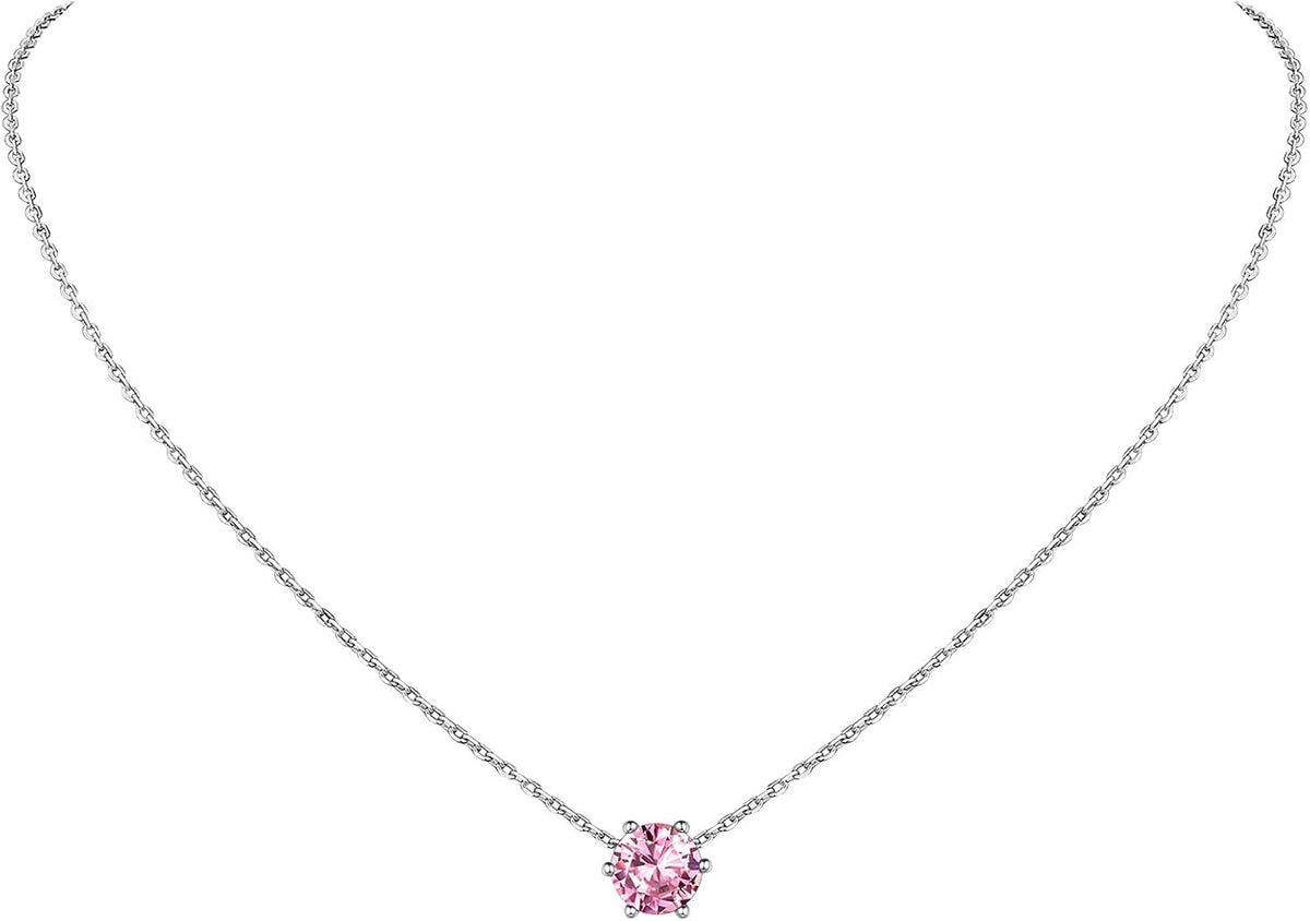 925 Sterling Silver 6 Prong Birthstone Necklace/Stud Earrings, Dainty Small Crystal Jewelry for Women (With Gift Box)