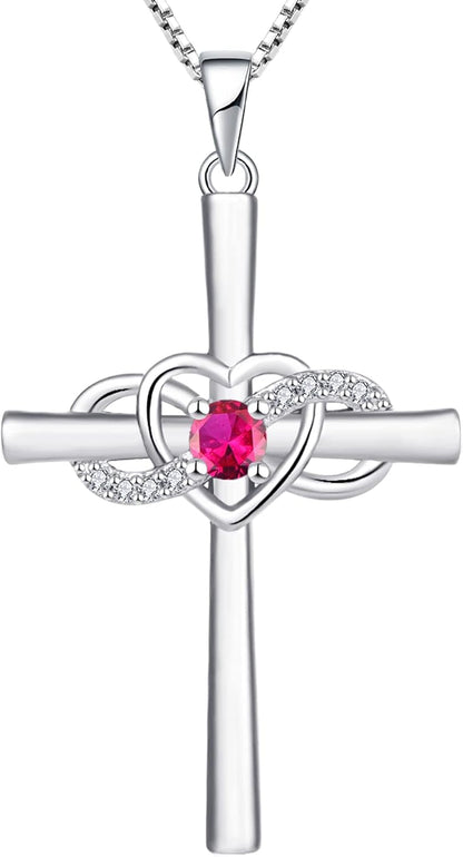 Women'S Cross Necklace Sterling Silver Infinity Heart Crucifix Pendant Birthstone Criss Jewelry