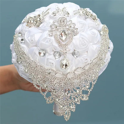 Creative Design Shiny Rhinestone Tassel Bridal Bouquet Artificial White Silk Rose Wedding Flower Bouquet Crystal Brooch Ribbon Bridesmaid Bouquet 3 Size Optional