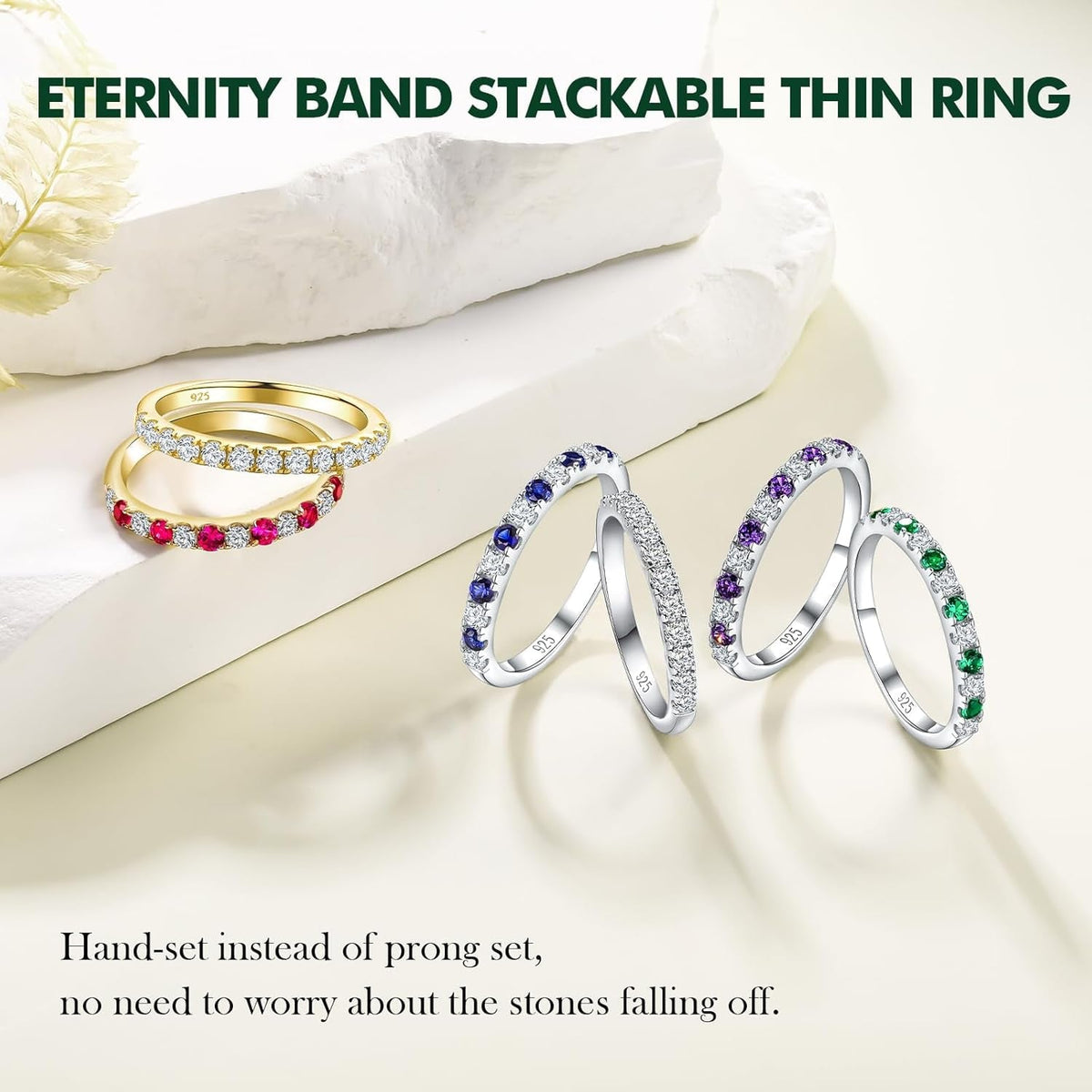 Birthstone Rings Eternity Band 925 Sterling Silver/Yellow Gold Created Gemstone Stackable Wedding Band Half Eternity Rings for Women Size 6 to 10