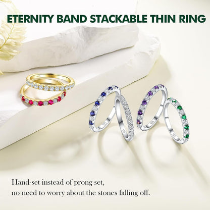 Birthstone Rings Eternity Band 925 Sterling Silver/Yellow Gold Created Gemstone Stackable Wedding Band Half Eternity Rings for Women Size 6 to 10