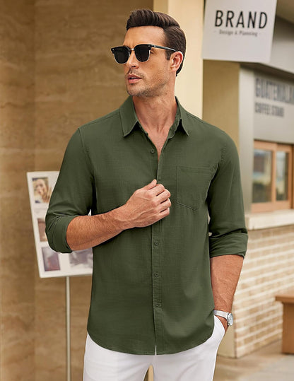 Men'S Long Sleeve Button down Shirts Casual Cotton Linen Shirts Summer Beach Shirt with Pocket