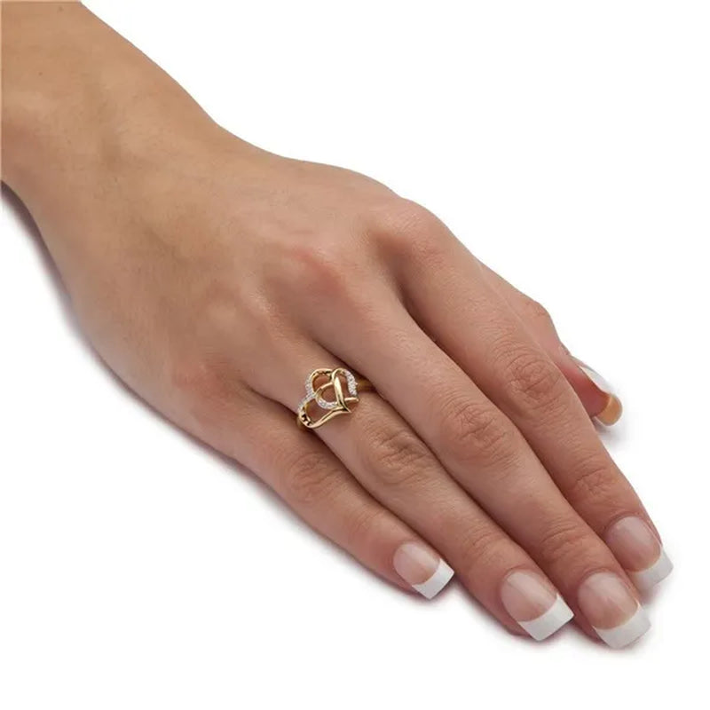 Lady's Elegant Heart shaped Ring Creative Design Diamond Zircon Double Love Hollow Ring Female Fashion Jewelry