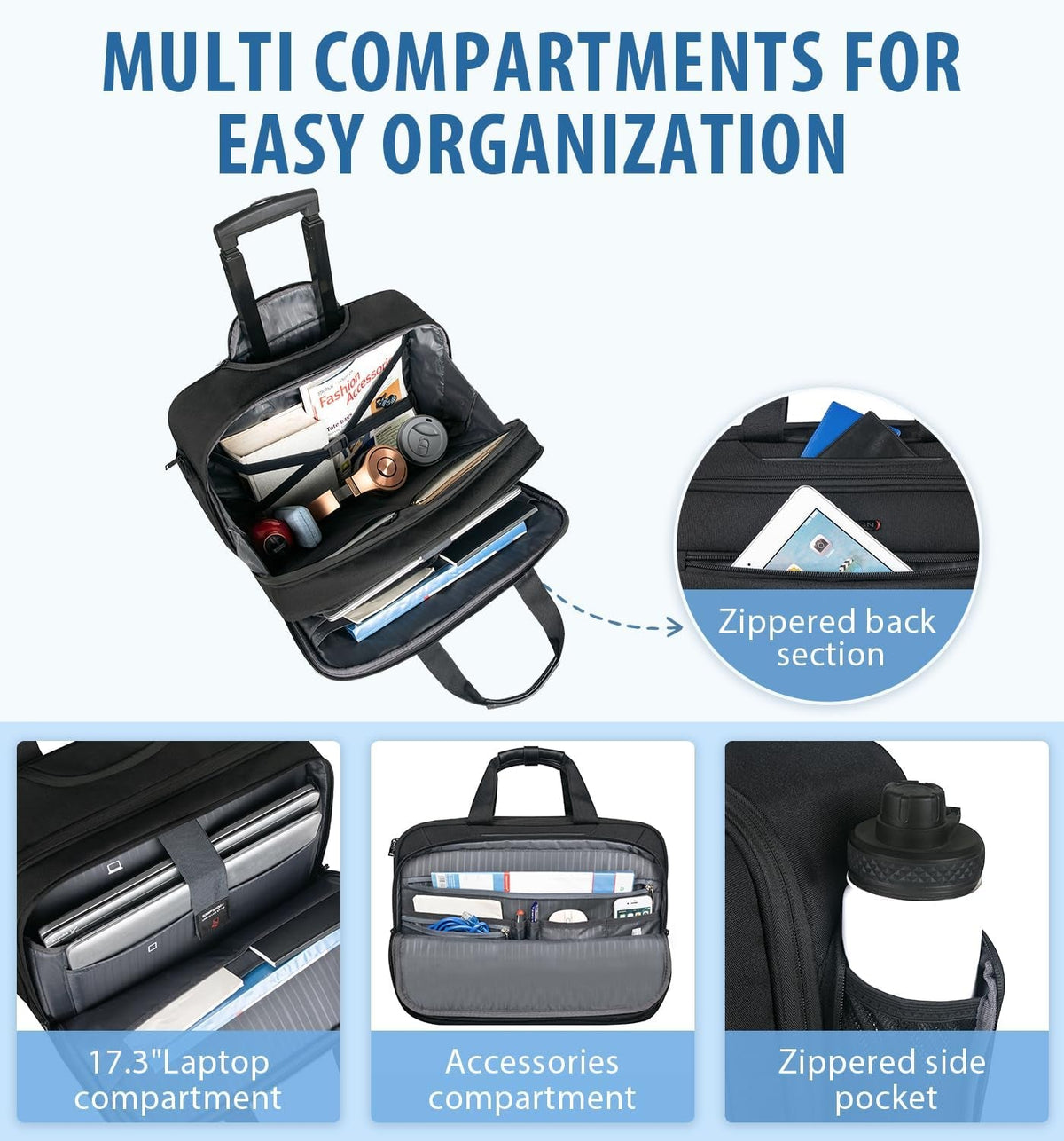 Rolling Briefcase Laptop Bag,17.3" Computer Bag with Wheels, Water Repellent Travel Roller Underseat Bag with RFID Blocking Pocket,Rolling Work Bags for Women/Men -Black