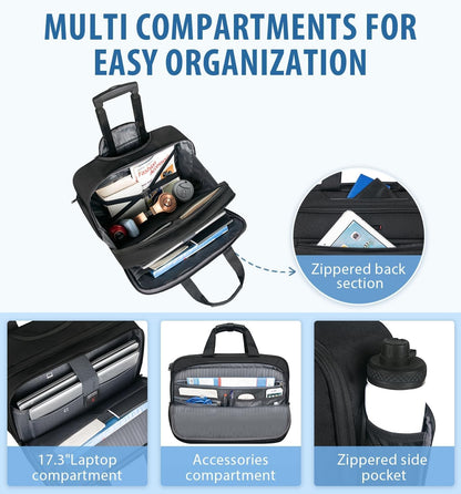 Rolling Briefcase Laptop Bag,17.3" Computer Bag with Wheels, Water Repellent Travel Roller Underseat Bag with RFID Blocking Pocket,Rolling Work Bags for Women/Men -Black
