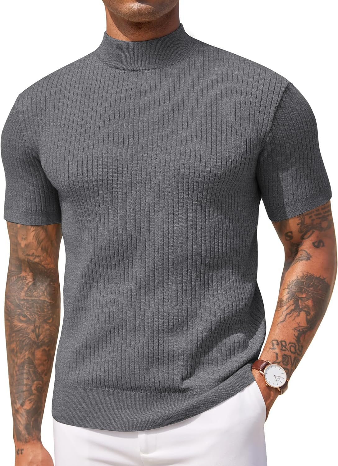 Men's Mock Turtleneck Sweater Short Sleeve Casual Basic Pullover Sweater Ribbed Knit Pullover Solid Tee