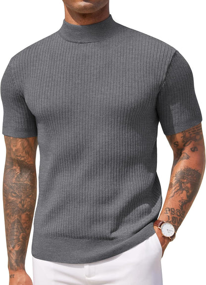 Men's Mock Turtleneck Sweater Short Sleeve Casual Basic Pullover Sweater Ribbed Knit Pullover Solid Tee
