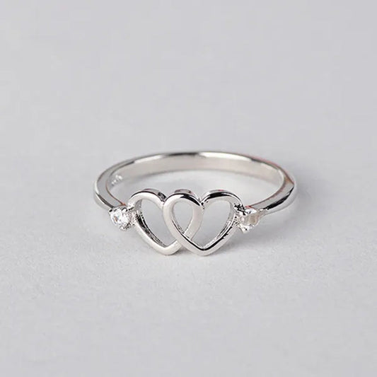 Cute 925 Sterling Silver Double Heart Shaped Hollow Diamond Ring Wedding Engagment Courtship Rings Jewerlry for Women Lady Girl