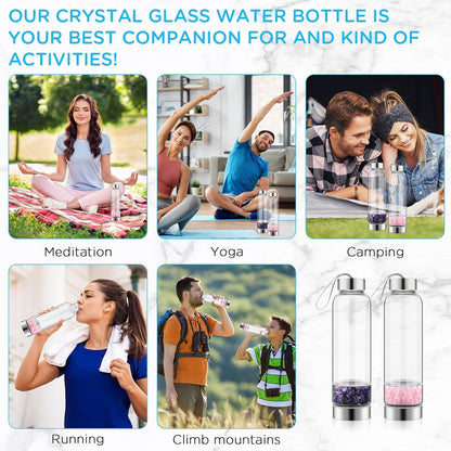 2 Pieces Crystal Glass Water Bottle with Gemstone Center Natural Amethyst and Rose Quartz Clear Water Bottle Quartz Crystal Cup Energy Cup for Healing and Wellness