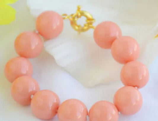 8" 16mm CORAL PINK ROUND SOUTH SEA SHELL PEARL BRACELET