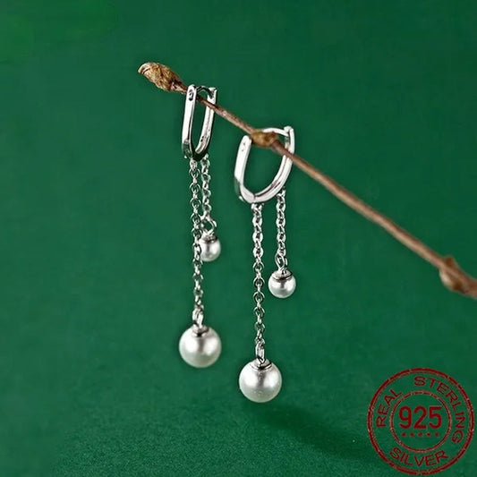 925 Sterling Silver Pearl Ear Buckle Earrings Fashion Rose Gold Plated Chain Tassel Earrings for Women Jewelry