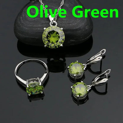 925 Sterling Silver Jewelry Sets Green Emerald Earrings Ring Pendant Neckalce Round Jewelry Women Accessories