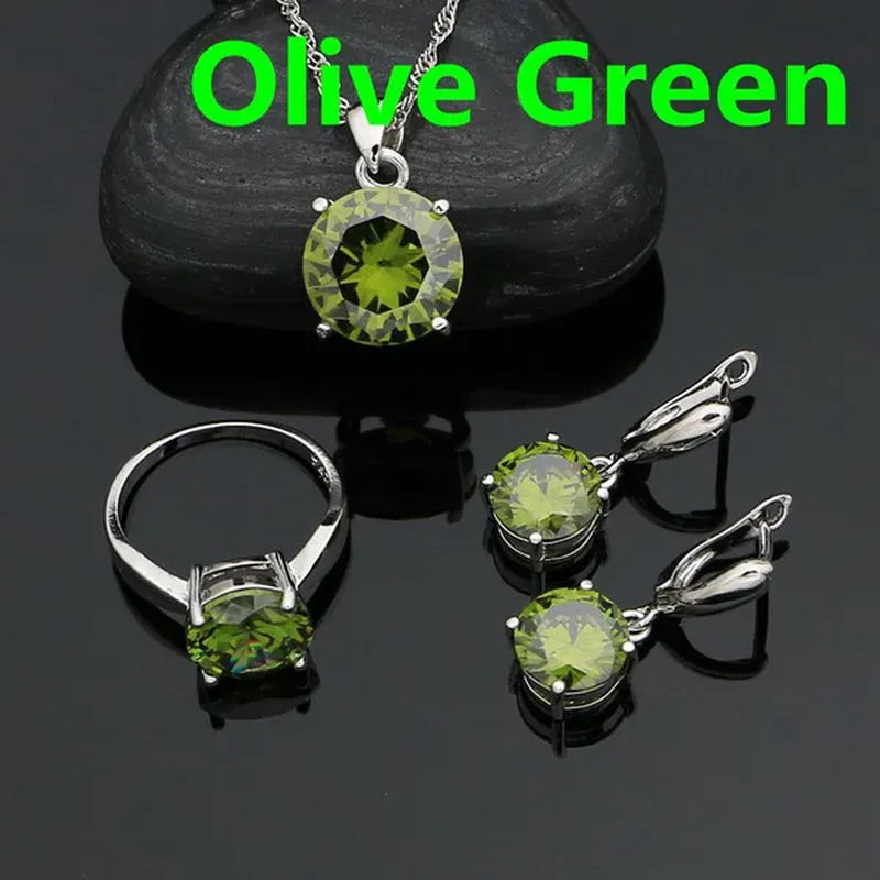 925 Sterling Silver Jewelry Sets Green Emerald Earrings Ring Pendant Neckalce round Jewelry Women Accessories