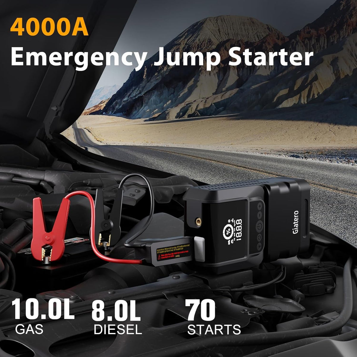Q13 4000A Portable Car Jump Starter with Air Compressor 150PSI, Jump Start Battery Pack(10.0L Gas/8.0L Diesel), 12V Jump Box with 3 Modes Flashlight & Jumper Cable, LCD Display Power Bank