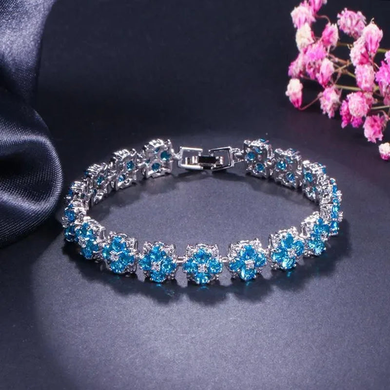 CANDICE Fashion Wonem Sterling Silver Plated Charm Flower Jewelry with Blue Crystal Stone Wedding Bracelet Bangle for Ladies Fine Jewelry