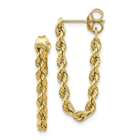 Finest Gold 8 x 28 mm 14K Yellow Gold Hollow Rope Earrings, Pair