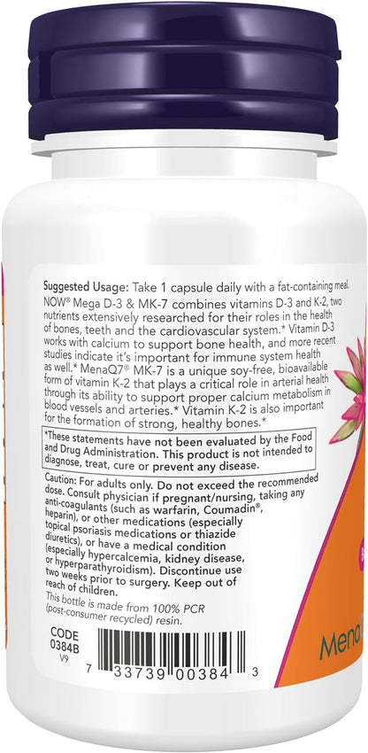 Supplements, Mega D-3 & MK-7 with Vitamins D-3 & K-2, 5,000 IU/180 mcg, Bone & Cardiovascular Support*, 60 Veg Capsules