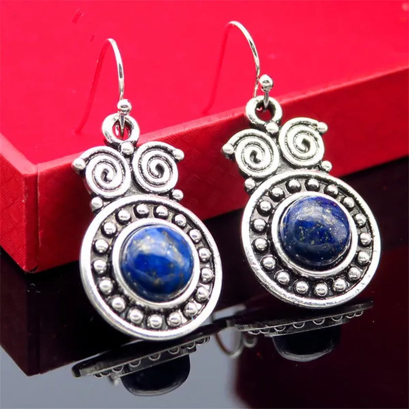 Retro Tibetan Silver Natural Ruby Sapphire Inlay Owl Ear Hook Dangle Earrings Gift for Women
