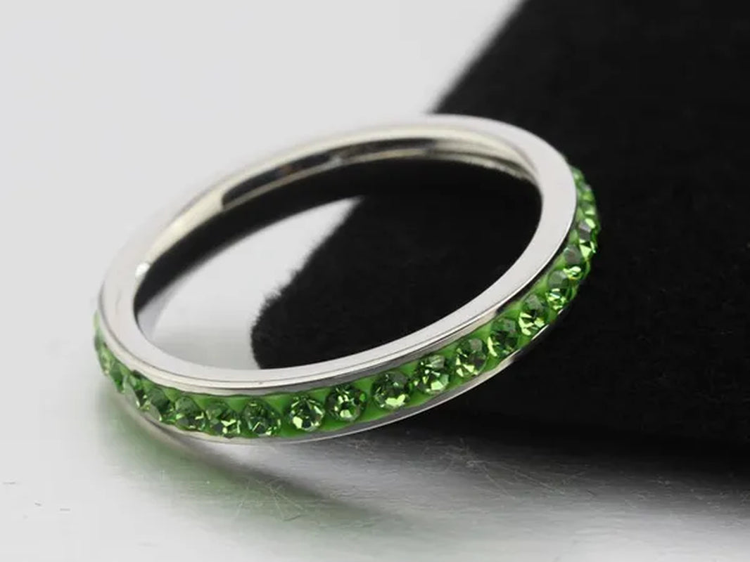 4MM Stackable Stainless Steel Eternity Plain Band Ring Men Women Drop Oil Green CZ Inlay Cubic Zircon Filled Crystals Birthstones Wedding Engagement Anniversary Valentine Cocktail Birthday Gift  Size 6, 7,8,9,10,11,12