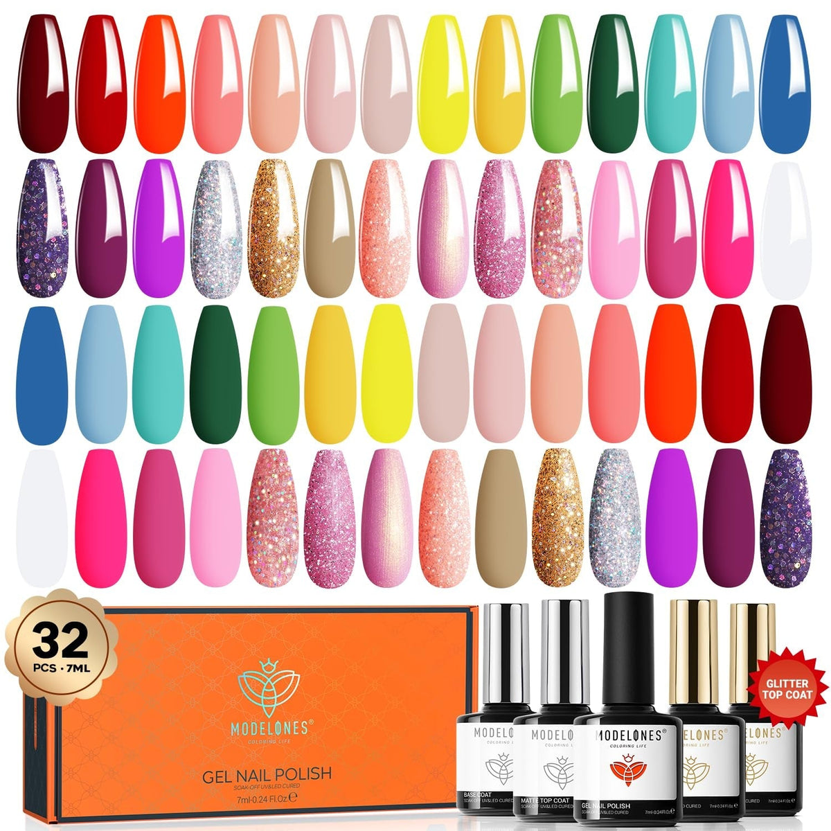 32Pcs Gel Nail Polish Set, 28 Colors 7ML Gel Polish Set with Glitter & Glossy & Matte Gel Top + Base Coat Pastel Macaron Colors, 2024 Spring Gel Polish Kit Trendy Nail Art for Women Girls