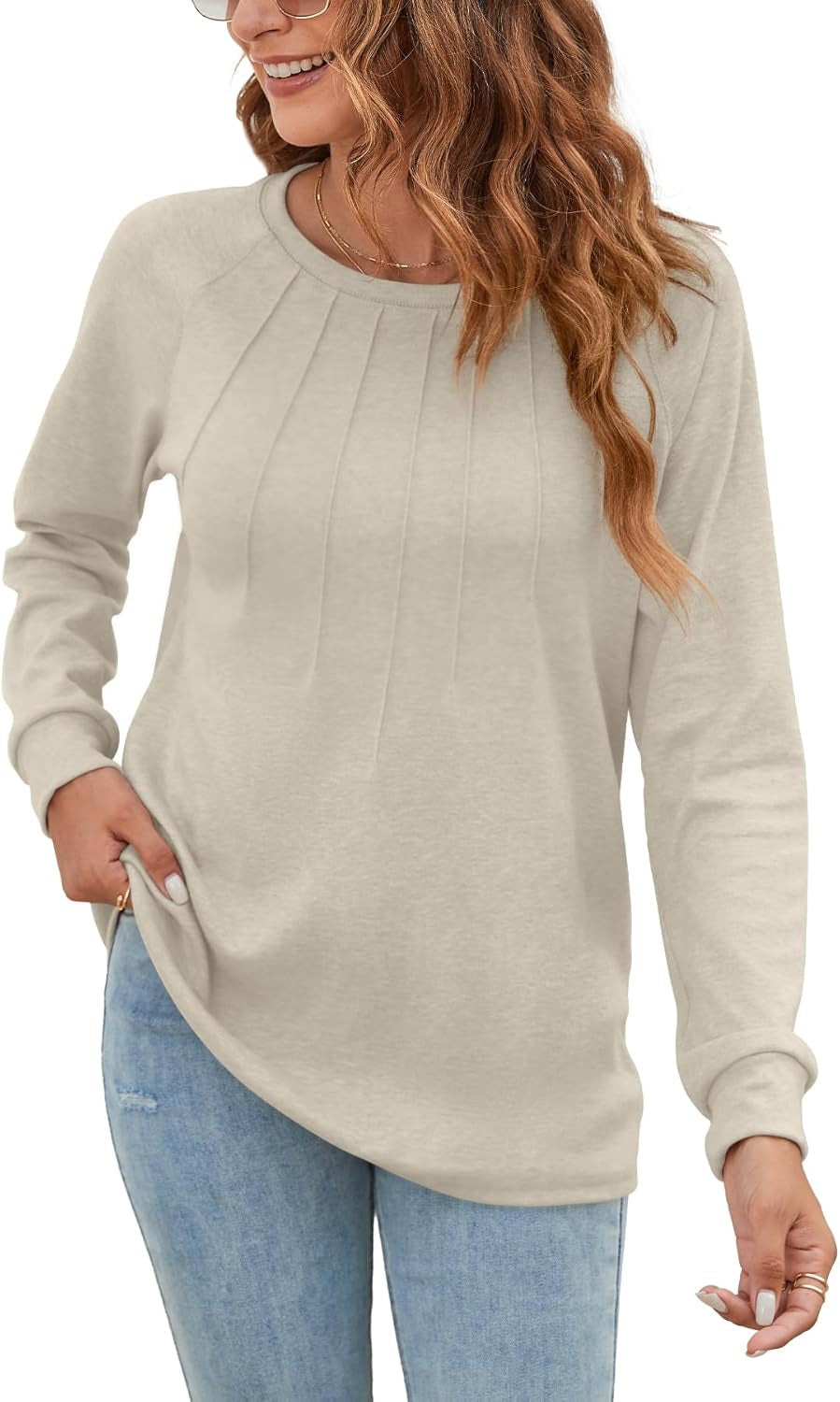 Women Long Sleeve Shirts Casual Tops Dressy Blouses Fashion Pleated Tunic