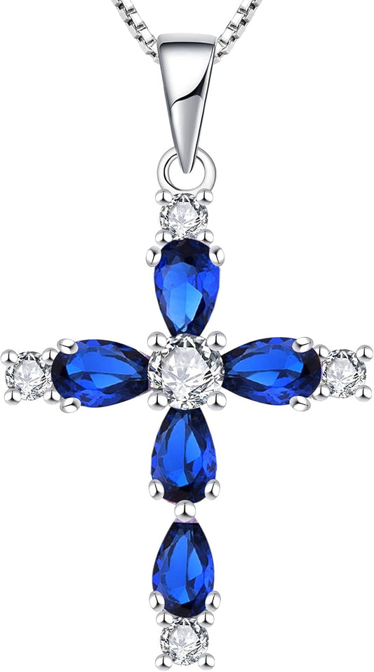 Cross Necklace for Women 925 Sterling Silver Halo Gemstone Pendant Birthstone Religious Jewelry for Mom