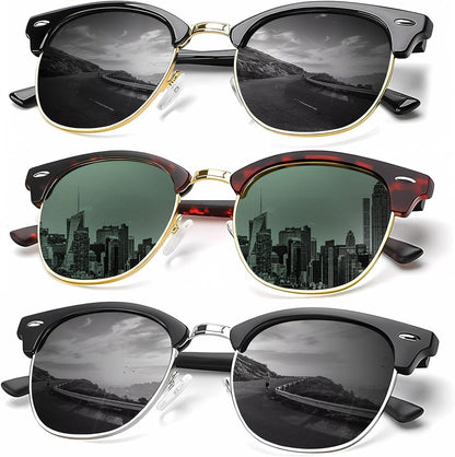 Sunglasses Men Polarized Sunglasses for Men Women Unisex Semi-Rimless Frame Retro Driving Sun Glasses UV Blocking