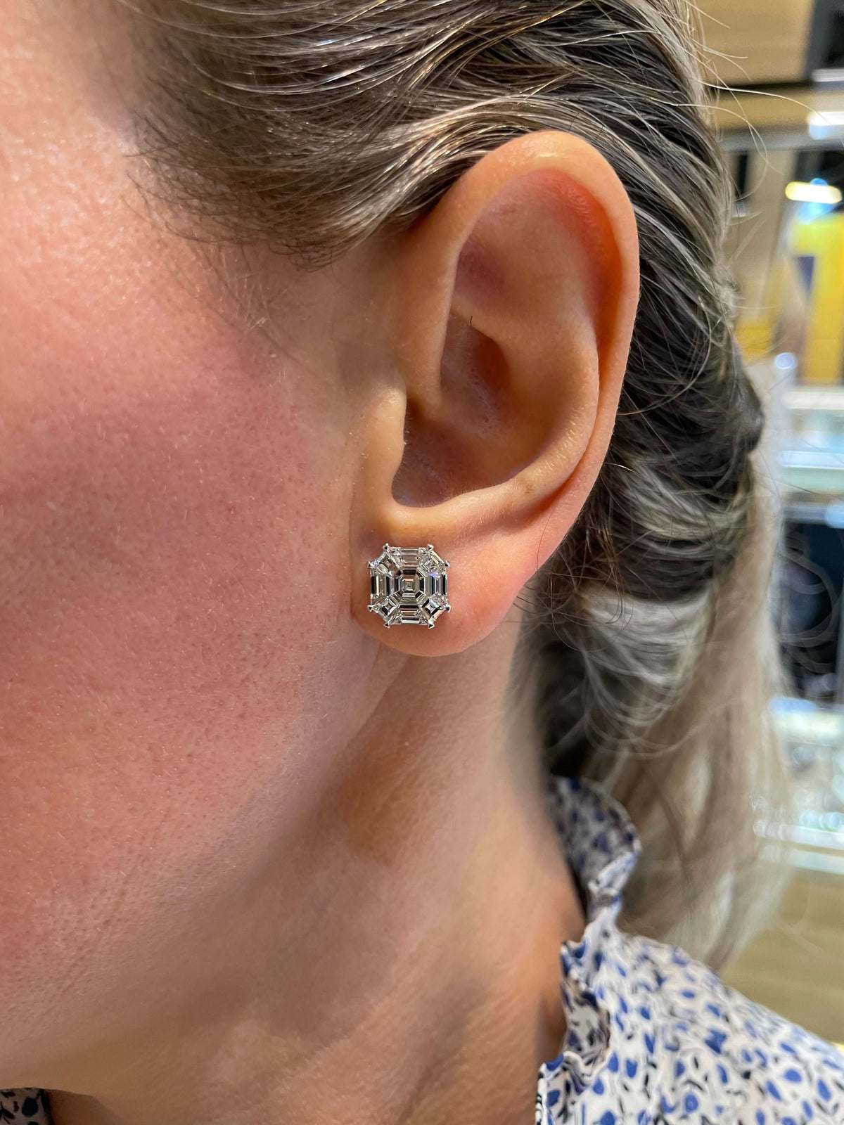 Asscher Cut Diamond Illusion Stud Earrings in 18k White Gold
