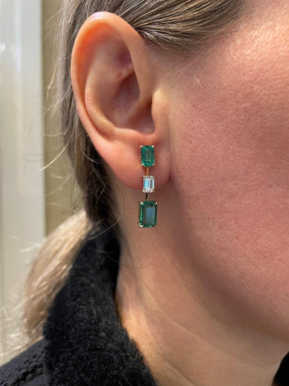 14k Yellow Gold Emerald and Diamond Dangle Drop Earrings 7.36ct