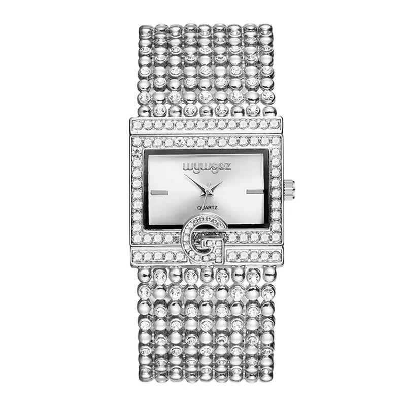 Lucky Bracelets Luxury Ladies Wrist Watch Fashion Full Diamond Gold Stainless Steel Rectangular Female Quartz Watch