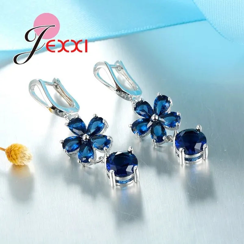 Flower Blue Crystal Sterling Silver Women Trendy Necklace Earrings Ring Bridal Wedding Jewelry Set