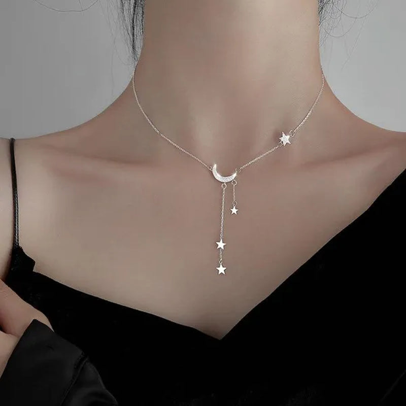 925 Silver Sterling Tassel Star Moon Necklace For Women Clavicle Chain Woman Jewelry Birthday Gift Accessories