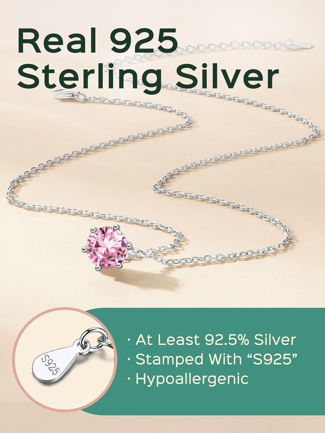 925 Sterling Silver 12 Months Sparkling round Cut Created Birthstone Pendant Necklace, 16 Inch Rolo Chain (With Gift Box)