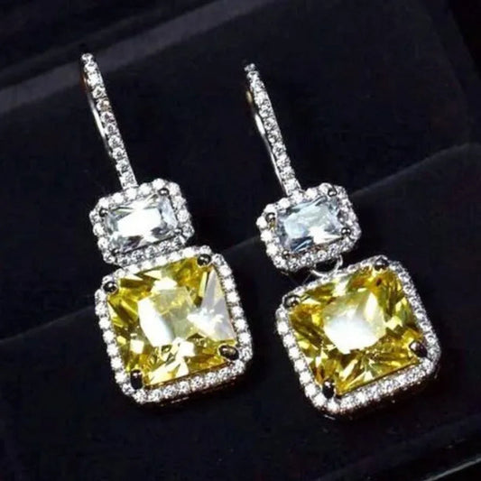 Square Citrine Pendant Silver Plated Lab Diamond Drop Dangle Earrings for Bridal Engagement Wedding Fashion Women Earrings Jewelry Gift