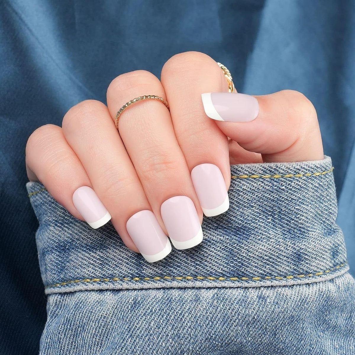 White Press on Nails Short,  Square Solid Color Fake Nails with Glue, Reusable & Natural Acrylic False Nails Stick on Nails for Women Girls Gift, Gel Nail Kit, 24pcs