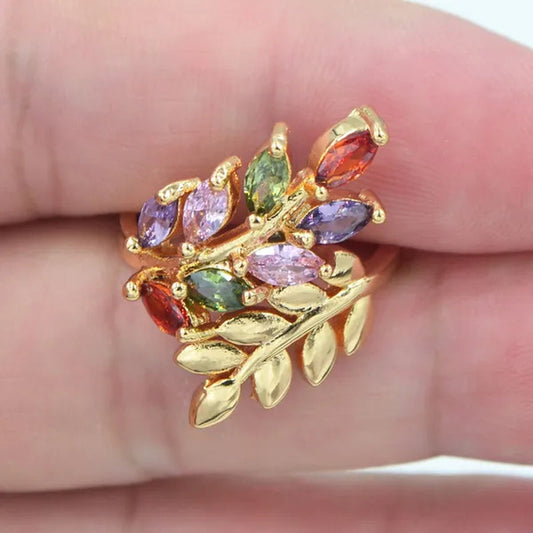 Women Fashion Multicolor Cubic Zirconia CZ Leaf Leaves Cocktail Ring Jewelry