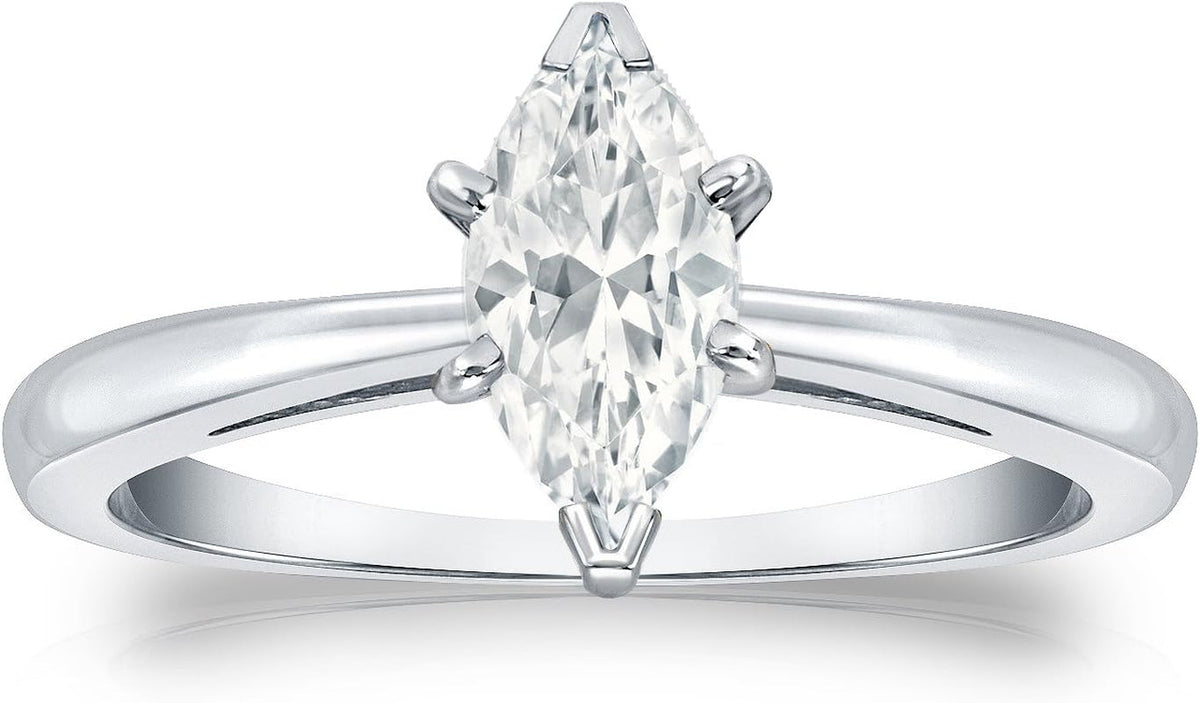 18K White Gold Marquise Diamond Ring V-End Prong (1/4 Cttw, H-I Color, I1-I2 Clarity), Size 4-9