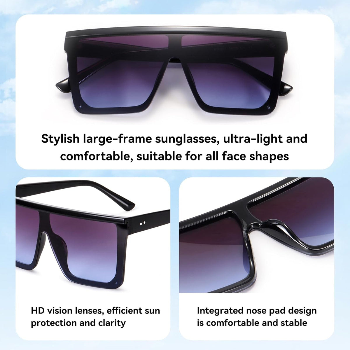 Square Oversized Sunglasses for Women Men Fashion Flat Top Big Black Frame Shades
