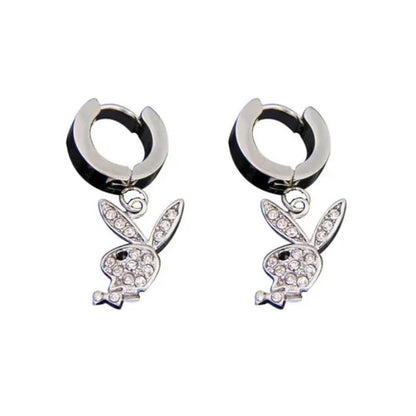 Playboy Full Diamond Rabbit Stainless Steel Ear Buckle Earrings for Men and Women