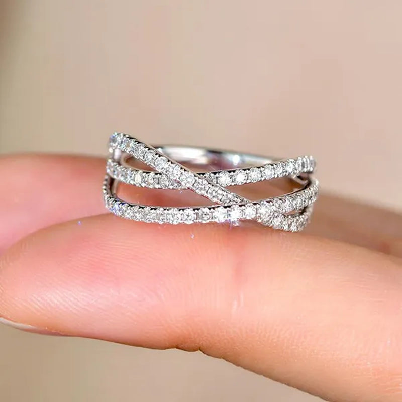 Simple Cross Twist Design Wedding Rings for Woman Full Paved CZ Stone Exquisite Female Finger-ring Statement Jewelry Anniversary Gift