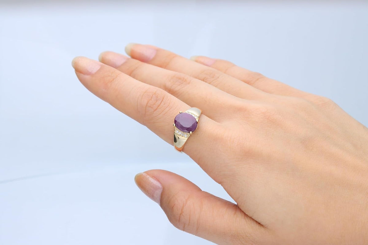 10K Yellow Gold 3Ct Genuine Opaque Ruby Ring with Diamonds for Women | Ethically, Authentically & Organically Sourced (Oval) Shaped Ruby Hand-Crafted Jewelry for Her | Ruby Ring for Women