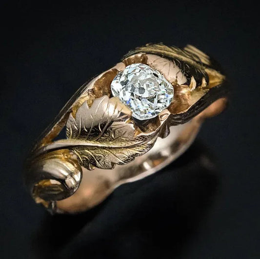 Vintage Maple Leaves Ring Women's Fashion Natural Gemstone White Sapphire Gold Leaf Ring Anniversary Gift Engagement Wedding Band Rings Jewelry Size 5-10
