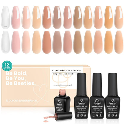 Beetles Builder Nail Gel 12 Pcs, 8-in-1 Pink Pastel Nude Gel Builder for Nails Beige White Colors Hard Gel Builder Extension Gel Nail Strengthener Nail Art Design Spring Gifts for Girls and Women