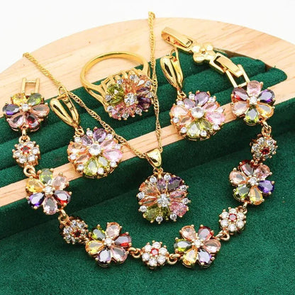 Classic Gold Color Jewelry Sets for Women Wedding Multi Color Zircon Bracelet Earrings Necklace Pendant Ring 4PCS
