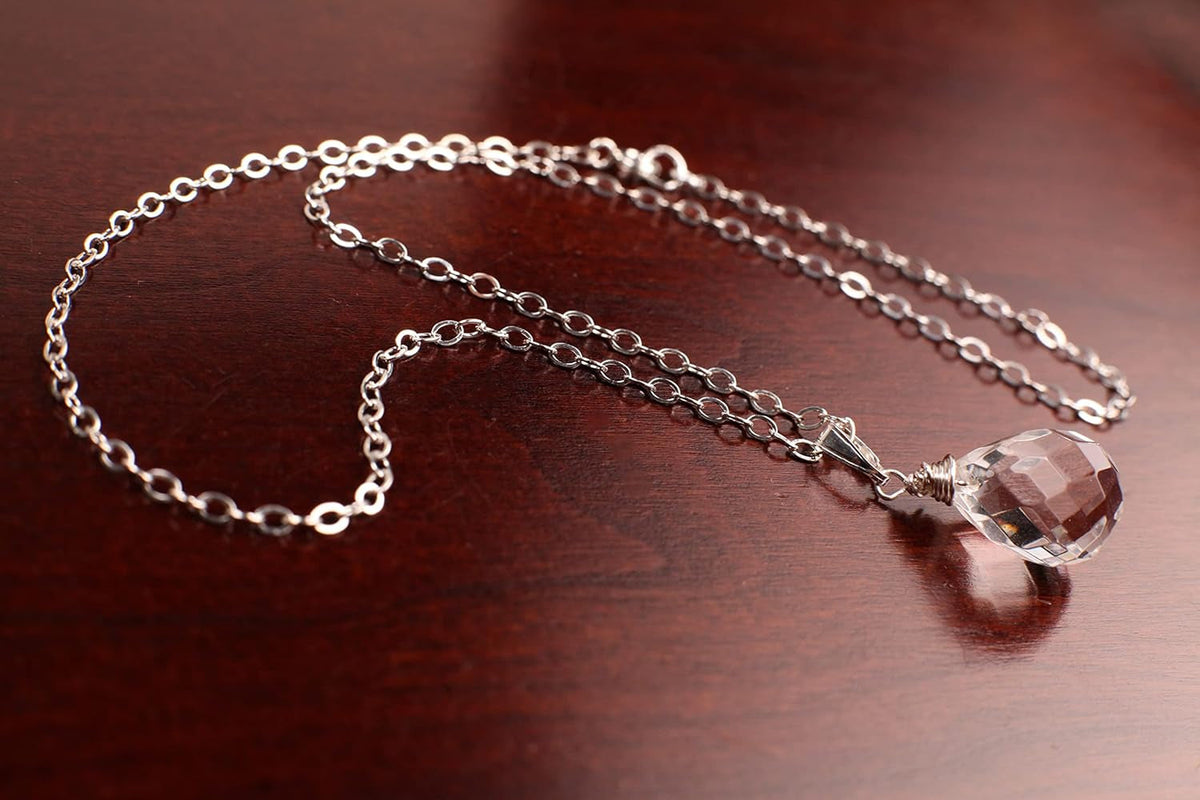 Clear Rock Crystal Quartz 12X17Mm Faceted Briolette Drop Wire Wrapped Gemstone Pendant Necklace in 925 Sterling Silver Chain and Clasp (24")