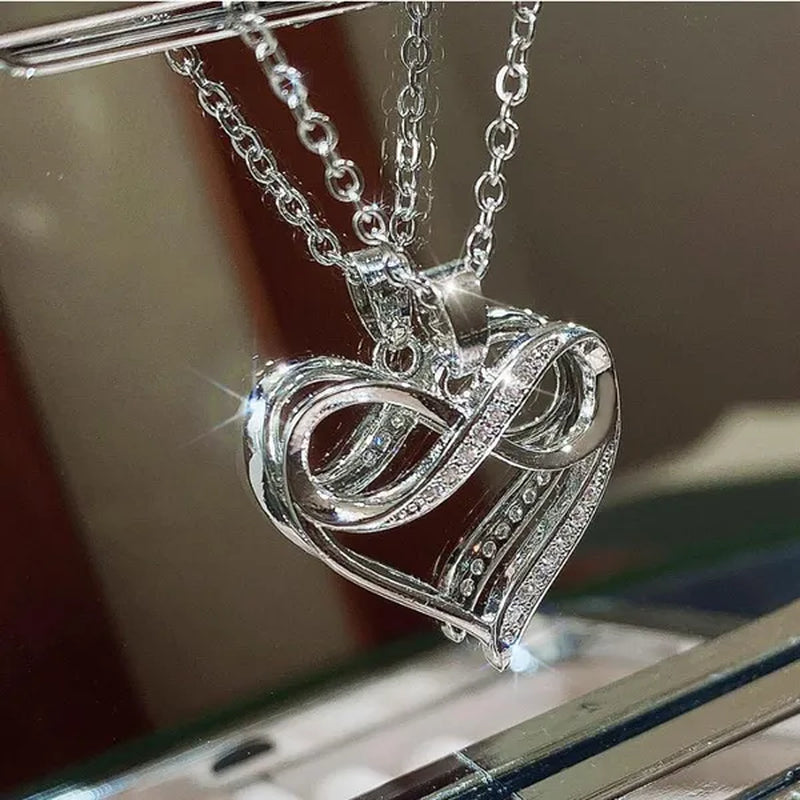 Charming Women Clavicle Necklace Silver Plated Inlay Diamond Heart Pendant Infinity Necklace Bridal Wedding Jewelry Gift